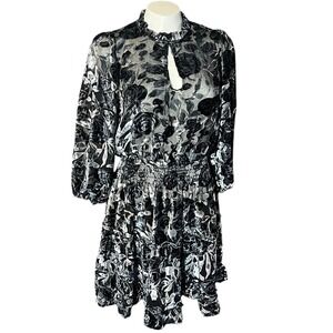 OPT Black Floral Burnout Velvet Sheer Mock Neck Smocked Waist Tiered Mini Dress